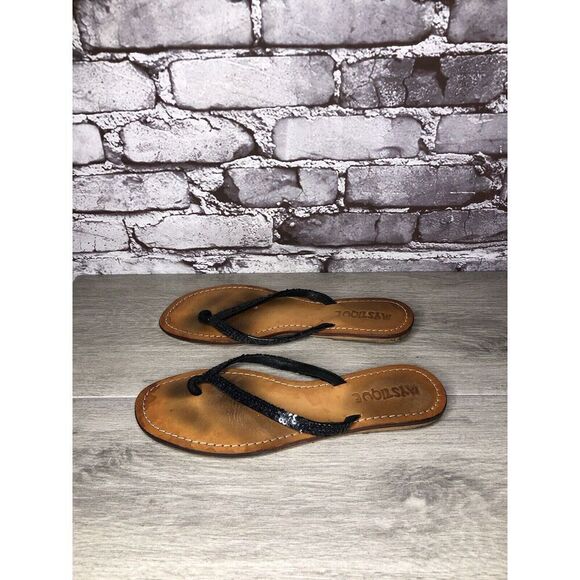 Mystique Black Leather Snake Skin Thong Flip Flops Sandals Women Sz 9M US/40EU - Picture 7 of 16